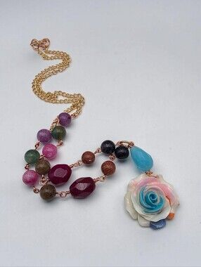 Multicolor Rose Pendant Necklace with Gold-Tone Chain Handmade